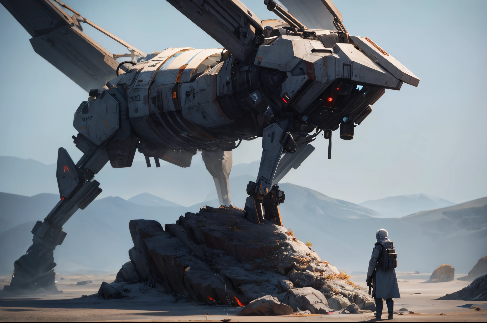 The Static Shot: Close up shot, In a barren and mute ashen world, a lone survivor communicates with the distant creatures using an futuristic devices, 8K, highly detailed