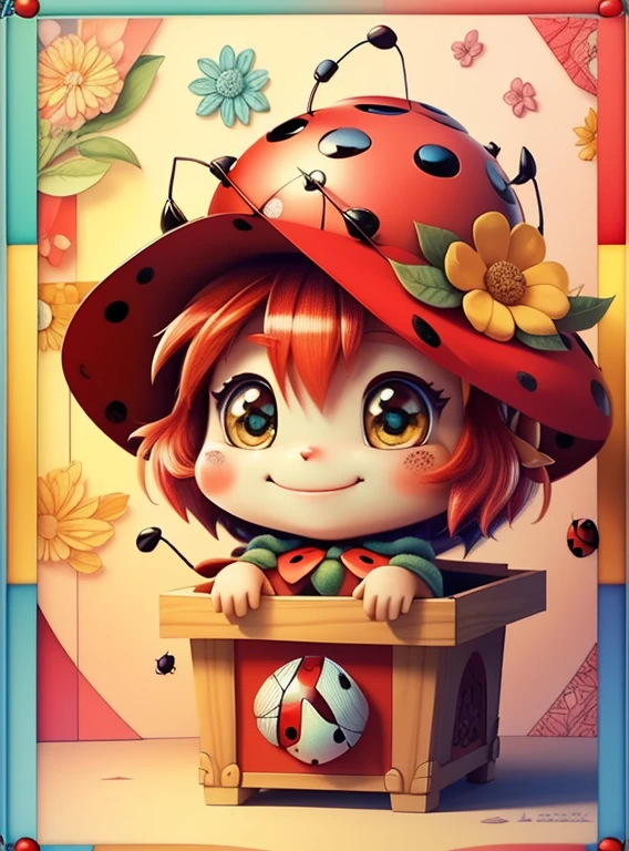(cute red ladybug smiling with a flower hat in a beautiful box), Munchkin  ,Geometric multidimensional wall portrait, livro de arte, Tchibi,
Yang08k, Beautiful, Colouring,
Obras, of the highest quality, best quality, Arte Oficial, Beautiful and Aesthetic,