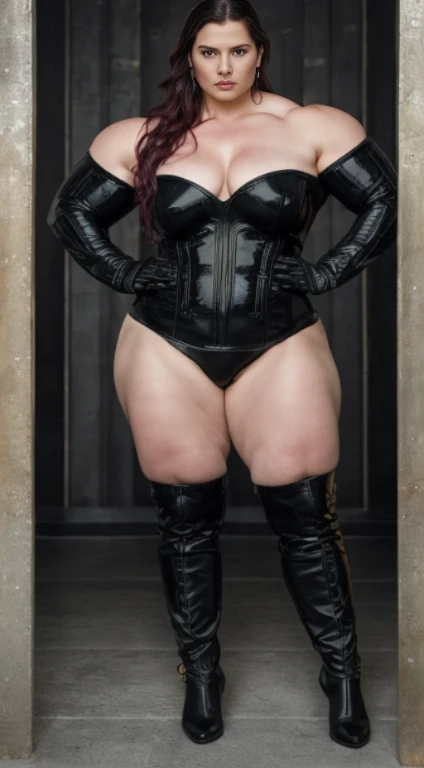 Game of thrones,  A large thick woman ,   wide hips, wide waist,  wide shoulders,  large torso ,  muscular biceps ,     Generate a full length fashion portrait of an overweight fat gina carano. , huge muscular pecs,  wearing a pink tight pvc dress,  black opaque stockings ,  in a bar
