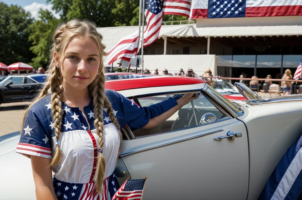 A friendly 27-year-old American PORTRAIT, with short, neatly plaited and braided blonde hair, striking brown eyes, and dressed in a 4th of July dress, celebrating 4th of July sexy.photo, Sportscar, woman, racing flag