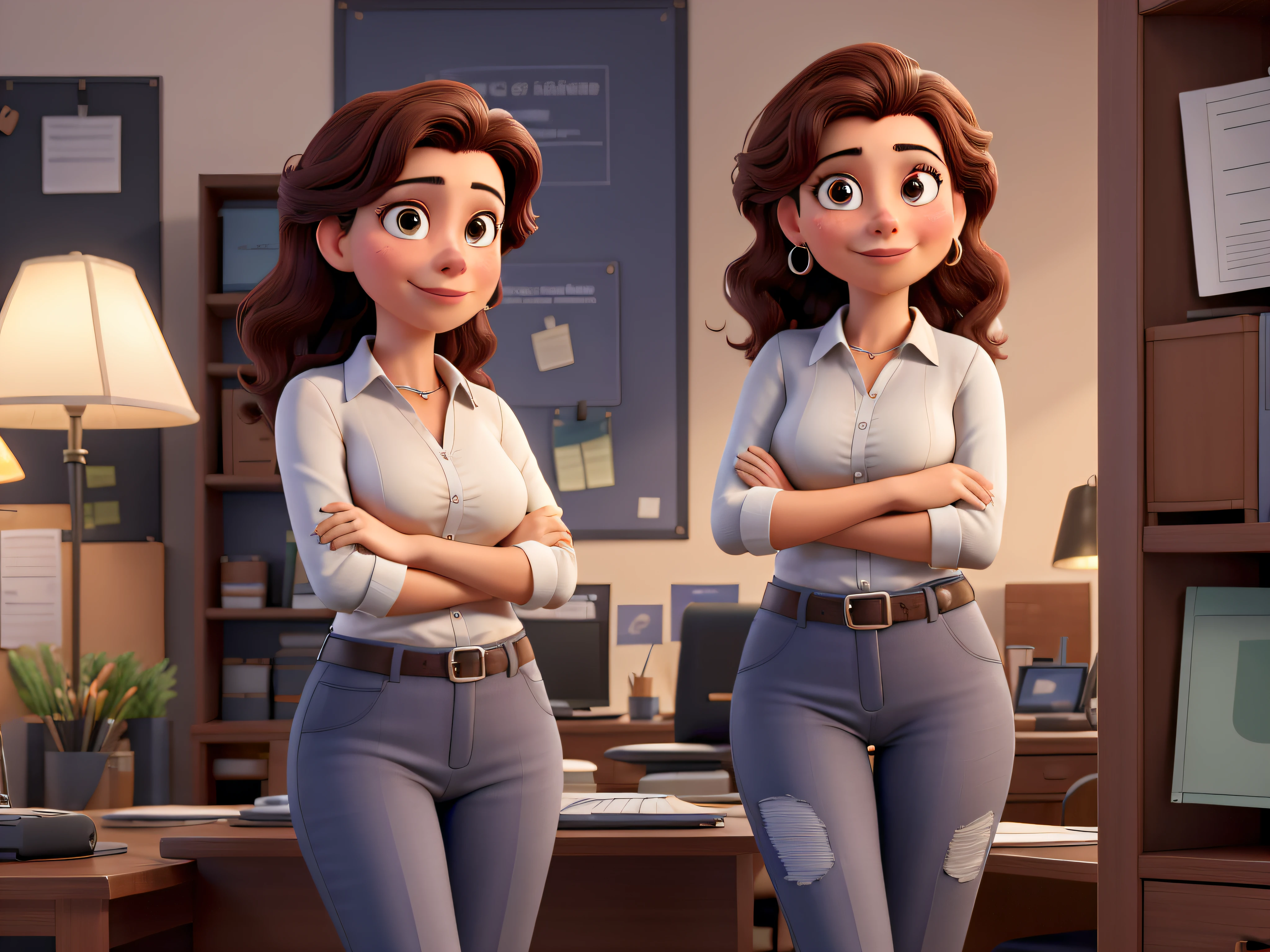 Aurora Arruda, A young and successful Brazilian businesswoman. She's a young woman, por volta de seus 28 anos, de pele branca, cabelos lisos, compridos e castanhos que atingem os ombros. Em cada retrato, Aurora is confused, Olhando para cima como se estivesse pensando, sentado em uma cadeira executiva, in varied poses and scenarios. Ademais, gostaria de explorar diferentes estilos de roupas para Aurora em cada retrato. Make sure the portraits convey Aurora's personality and versatility as a successful businesswoman in her new office. Por favor, provide a series of full-body images that highlight Aurora Arruda's beauty and confidence in different situations and with different looks, Creating a Collection of Stunning Portraits.