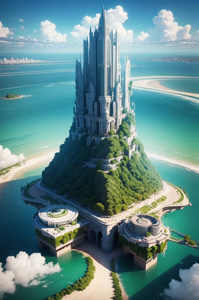 /upscale "Create a surrealistic image of an entire city floating in the sky, desafiando as leis da gravidade."