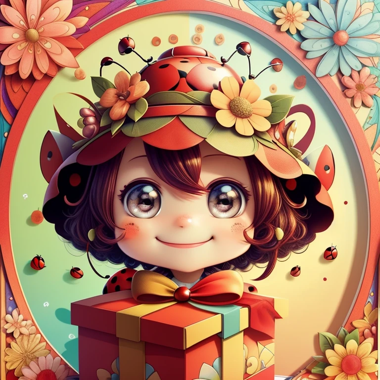 (cute red ladybug smiling with a flower hat in a beautiful box), Munchkin  ,Geometric multidimensional wall portrait, livro de arte, Tchibi,
Yang08k, Beautiful, Colouring,
Obras, of the highest quality, best quality, Arte Oficial, Beautiful and Aesthetic,
