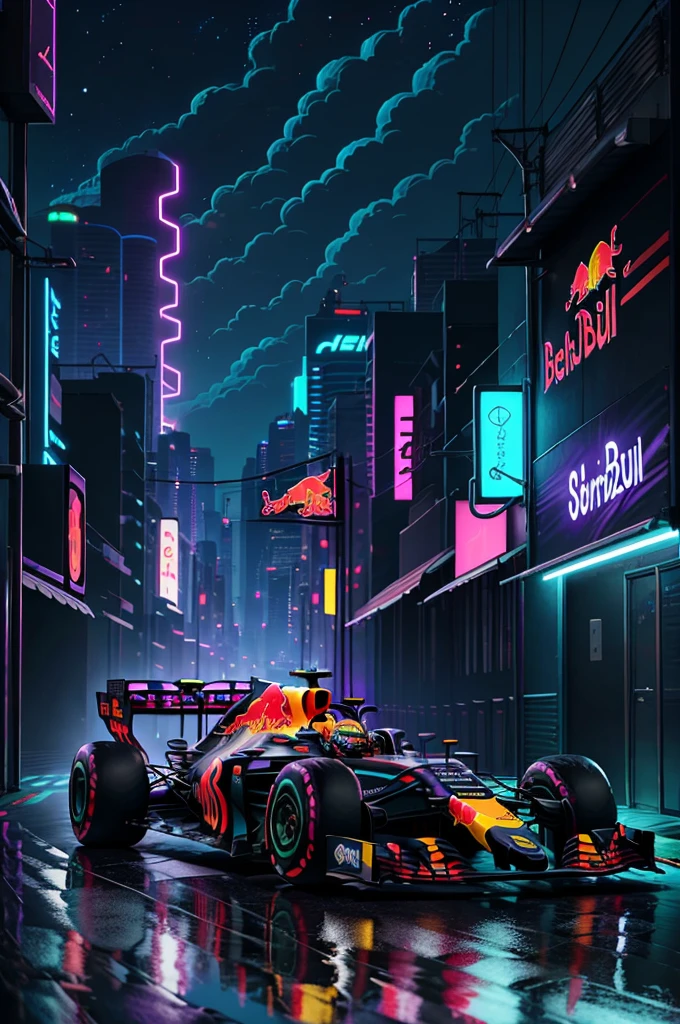 retroonda. cidade,formula 1 Red Bull racing rb19,  caminho,  purple neon lights, sol, montanha, 
(master part,circunstanciado,Altas),