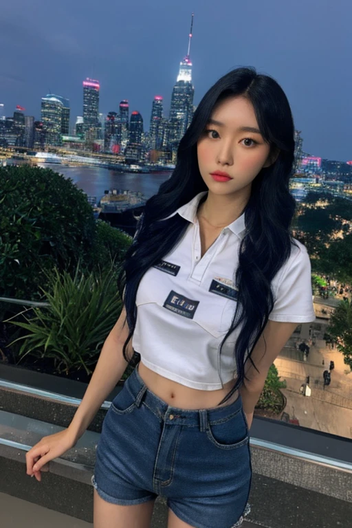 Fujifilm XT3, 8k,close up photo, masterpiece, best quality, (((1girl))), solo,realistic, ((looking at viewer)), photorealistxtremely detailed face), looking at viewer, ultra-detailed eyes and pupils, ultra detailed, serious expression, standing against a city skyline at night, cropped top, ((business shirts)), shorts, ((navel)), long hair, arms behind back,