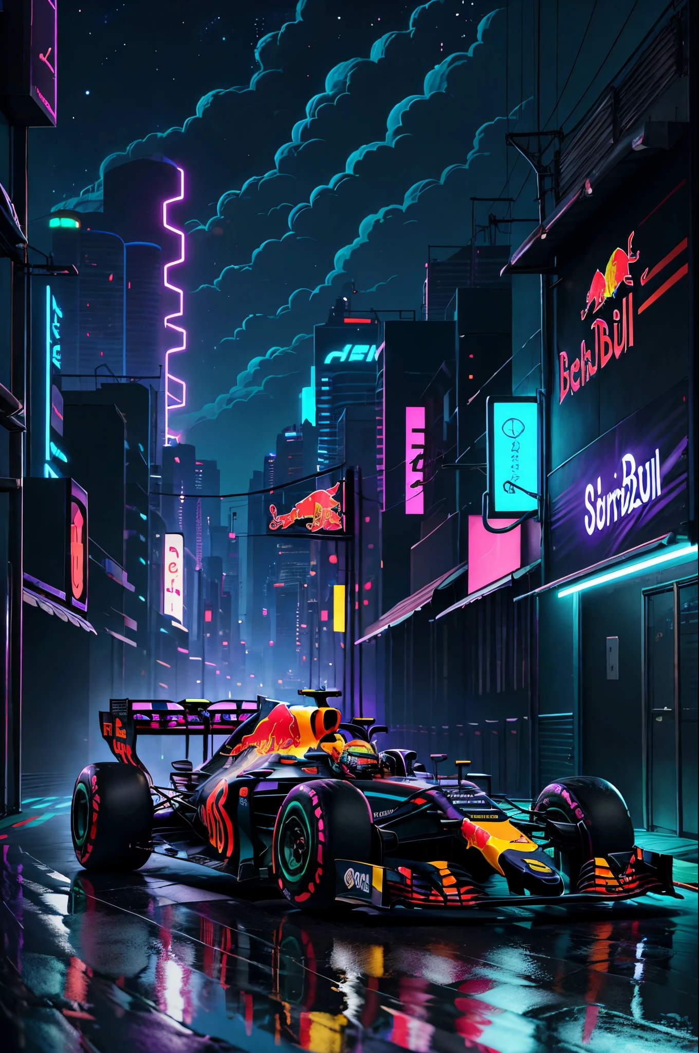 retroonda. cidade,formula 1 Red Bull racing rb19, caminho, purple neon lights, sol, montanha,
(master part,circunstanciado,Altas),