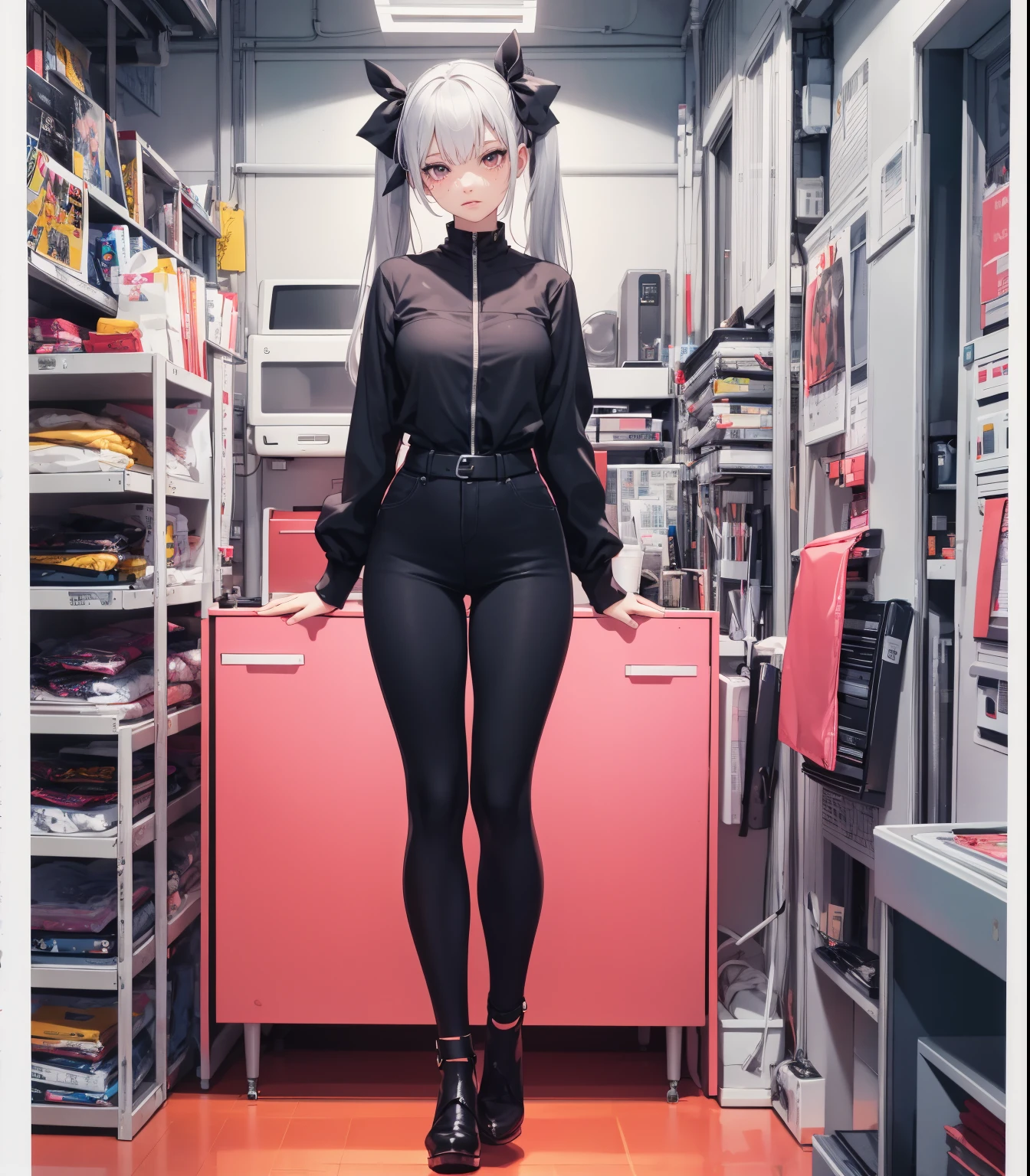(masterpiece, best quality), beautiful woman, 23 years, soft light, black jumpsuit, silver sequin, glitter, cleveage, long hair, long twintails, hairbows, black hair, alluring, big georgeous eyes, soft smile, perfect slim fit body, realistic background, empty apartment, standing, realistic background, bright colors, (risograph), full body shot, fullbody, medium breasts, solo, cleveage, sexy