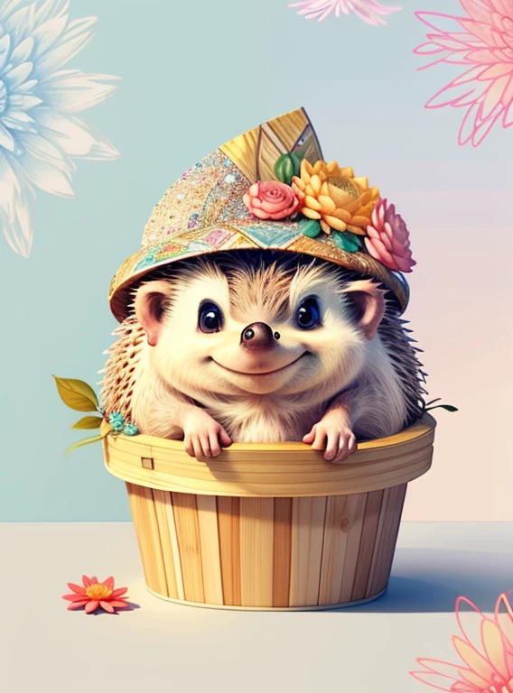 (cute hedgehog smiling with a flowers hat in a beautiful box), Munchkin ,Geometric multidimensional wall portrait, livro de arte, Tchibi,
Yang08k, Beautiful, Colouring,
Obras, of the highest quality, best quality, Arte Oficial, Beautiful and Aesthetic,