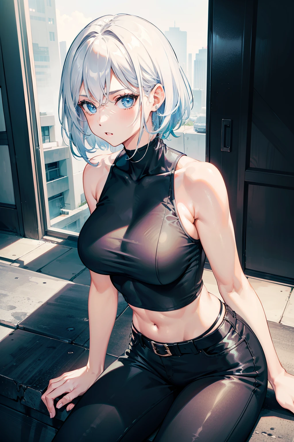 1girl, black sleeveless top, compression top, black jeans, blue eyes, medium breasts, thighs, short white hair,