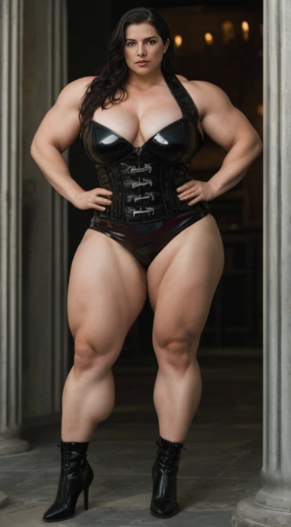 Game of thrones, A large thick woman , wide hips, wide waist, wide shoulders, large torso , muscular biceps , Generate a full length fashion portrait of an overweight fat gina carano. , huge muscular pecs, wearing a pink tight pvc dress, black opaque stockings , in a bar
