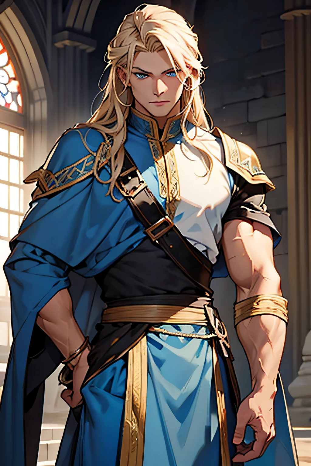 masculine and muscular man, blue eyes, ash blond hair, shoulder length long hair, blue medieval noble clothes,