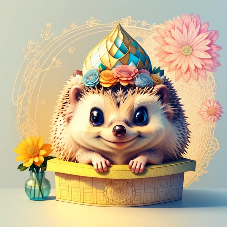(cute hedgehog smiling with a flowers hat in a beautiful box), Munchkin ,Geometric multidimensional wall portrait, livro de arte, Tchibi,
Yang08k, Beautiful, Colouring,
Obras, of the highest quality, best quality, Arte Oficial, Beautiful and Aesthetic,