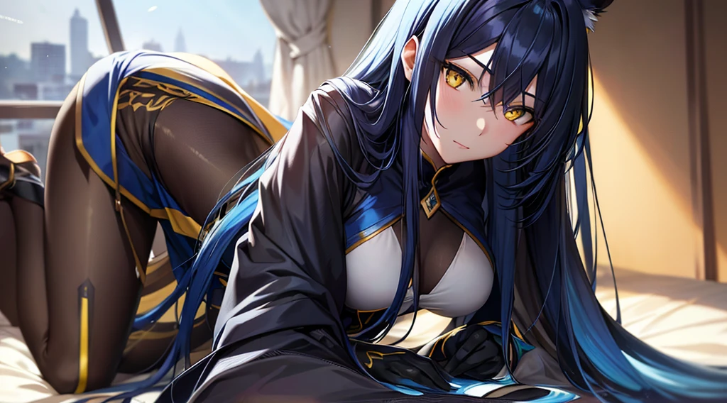 rubbersuit, blue-black long hair, yellow eyes, Beautuful Women, Adults