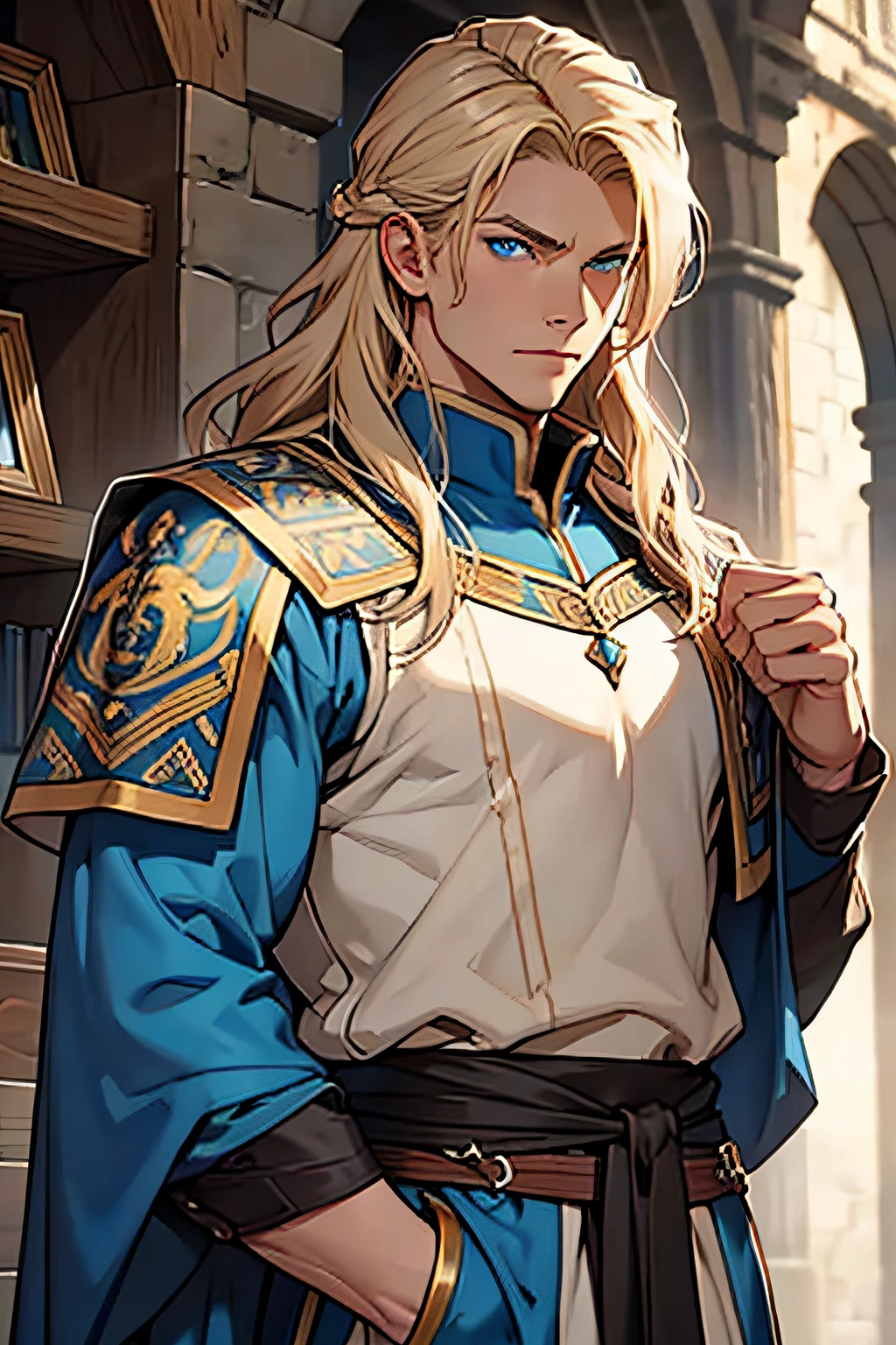 masculine and muscular man, blue eyes, ash blond hair, shoulder length long hair, blue medieval noble clothes,