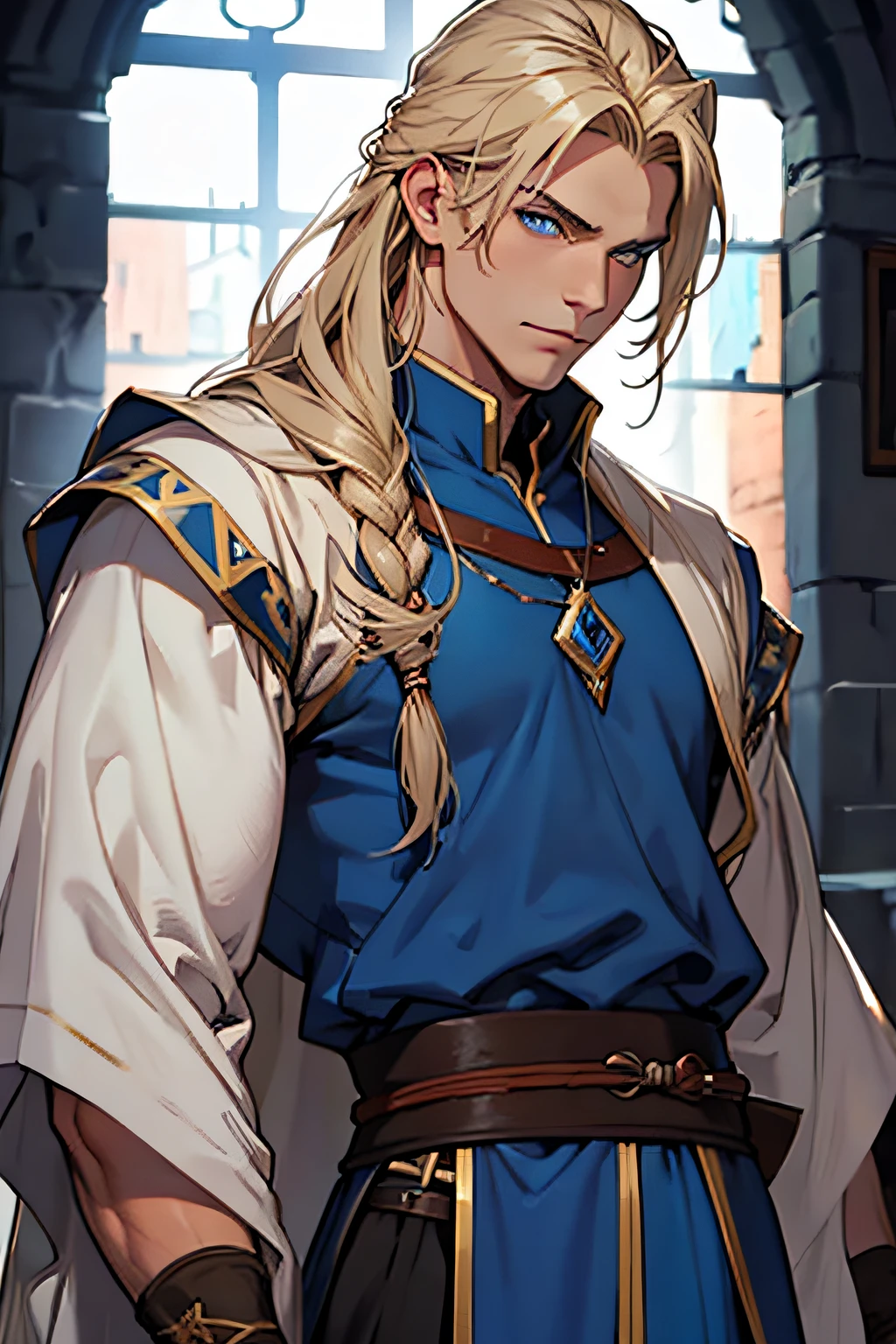 blonde man with blue eyes,muscular and well dressed in medieval clothes,apparently rich