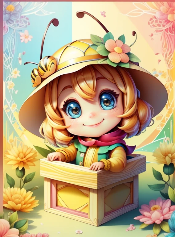 (cute honey bee smiling with a flowers hat in a beautiful box), Munchkin ,Geometric multidimensional wall portrait, livro de arte, Tchibi,
Yang08k, Beautiful, Colouring,
Obras, of the highest quality, best quality, Arte Oficial, Beautiful and Aesthetic,