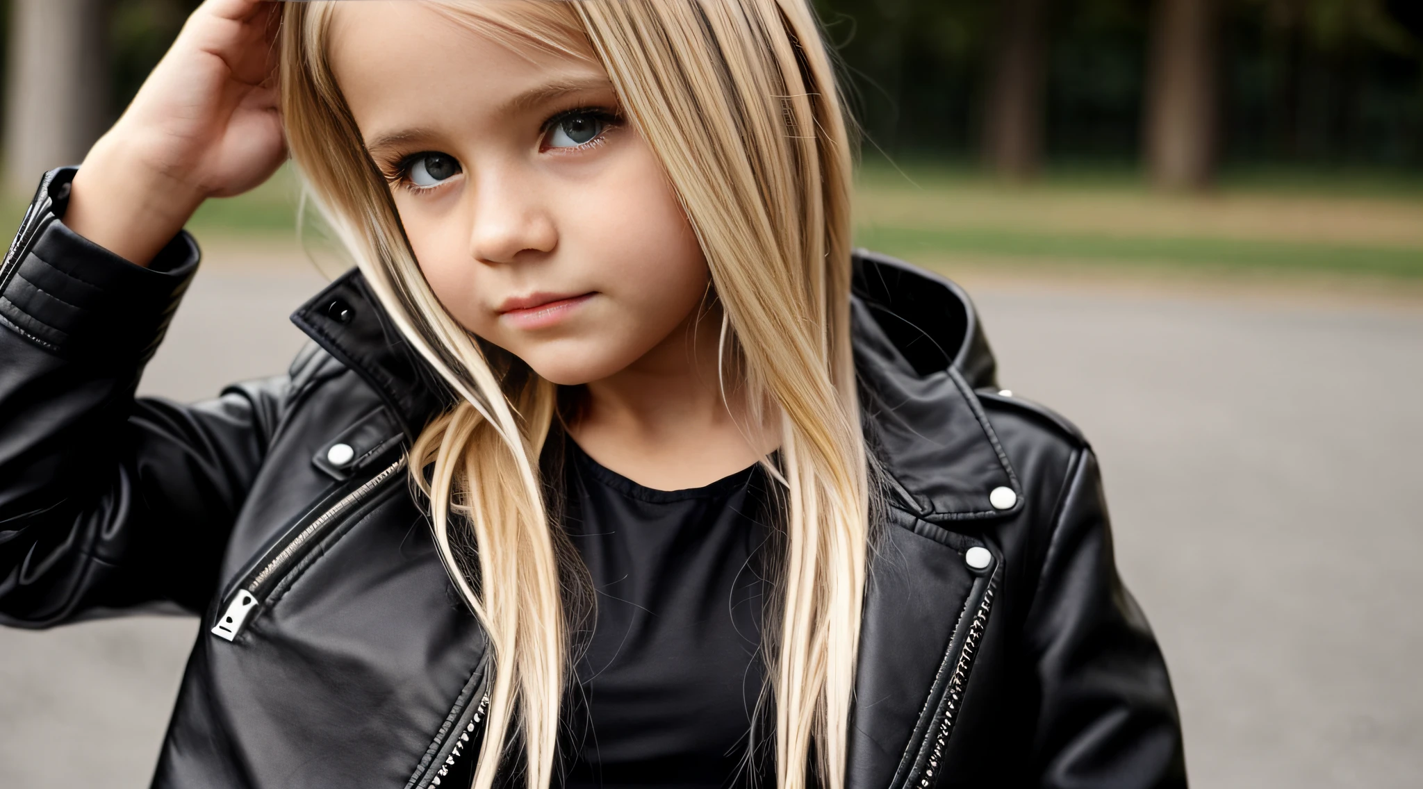 there is a young blonde CHILD in a black jacket and a black top, fechar para cima, lindo modelo jovem, ela usa jaqueta de couro, vestido com jaqueta de couro,