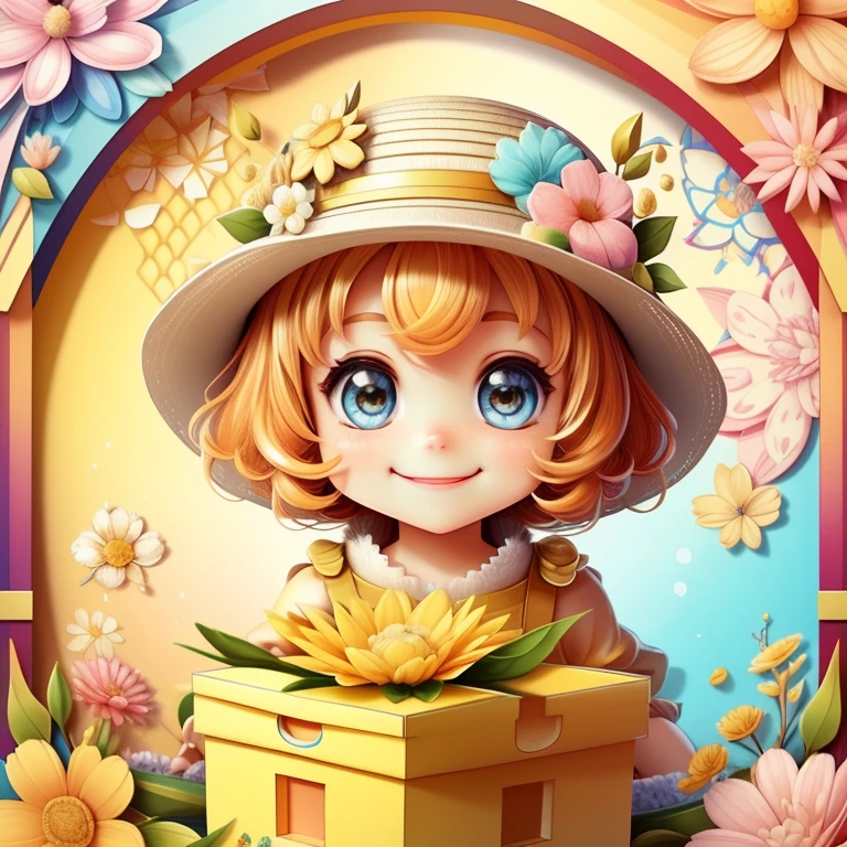 (cute honey bee smiling with a flowers hat in a beautiful box), Munchkin  ,Geometric multidimensional wall portrait, livro de arte, Tchibi,
Yang08k, Beautiful, Colouring,
Obras, of the highest quality, best quality, Arte Oficial, Beautiful and Aesthetic,