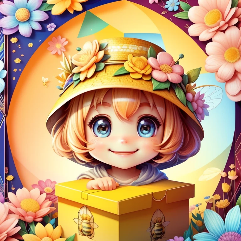 (cute honey bee smiling with a flowers hat in a beautiful box), Munchkin ,Geometric multidimensional wall portrait, livro de arte, Tchibi,
Yang08k, Beautiful, Colouring,
Obras, of the highest quality, best quality, Arte Oficial, Beautiful and Aesthetic,