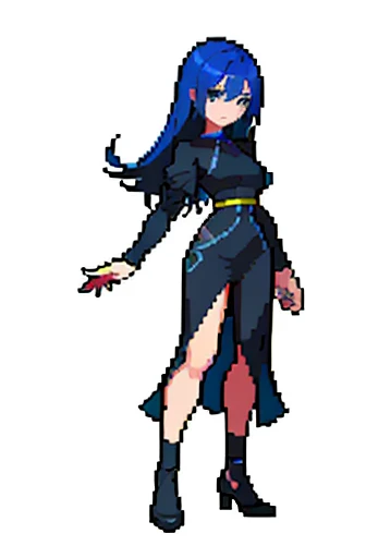 (masterpiece, top quality, best quality), pixel, pixel art,1girl,full body, high detail, long dark blue hair, tight black clothes