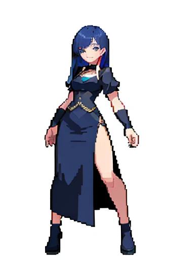 (masterpiece, top quality, best quality), pixel, pixel art,1girl,full body, high detail, long dark blue hair, tight black clothes