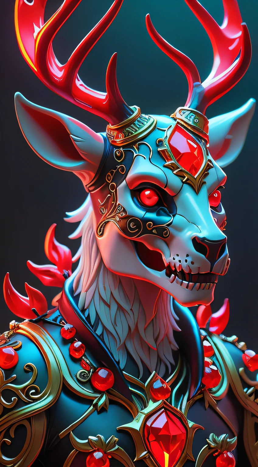 instant christmas, neon red reindeer, high quality fantasy art of a beautiful raging reindeer made of transparent glass, glowing within, delicate figurine, red nose, adorable, flame eyes, ultra Realistic, Extreme Detailed, beautiful Prism light, neon light, Glass made ultra Detailed transparent raging red reindeer, wearing glass made transparent luxury Armor, Hyper realistic art skull joker demon concept art portrait by Casey Weldon, intricately detailed, trending on Artstation triadic colors Unreal Engine 5 detailed matte painting, deep color, fantastical, splash screen, complementary colors, fantasy concept art, 8k resolution, gothic DeviantArt, masterpiece, Extremely high-resolution, photographic, realism pushed to extreme, fine texture, incredibly lifelike
