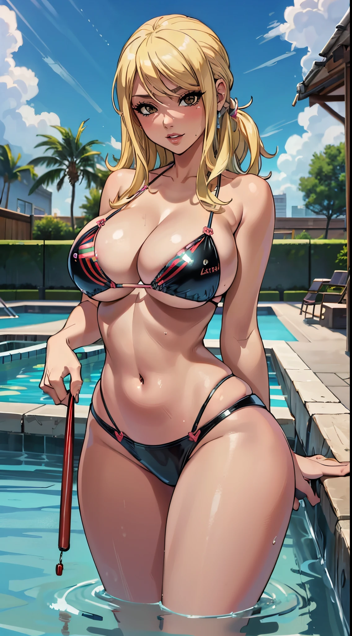 (best quality:1.3), Lucy Heartfilia, blonde, (naughty face), busty, cleavage, seductive, sexy, ((curvy body)), ((latex bikini)), ((pool)),