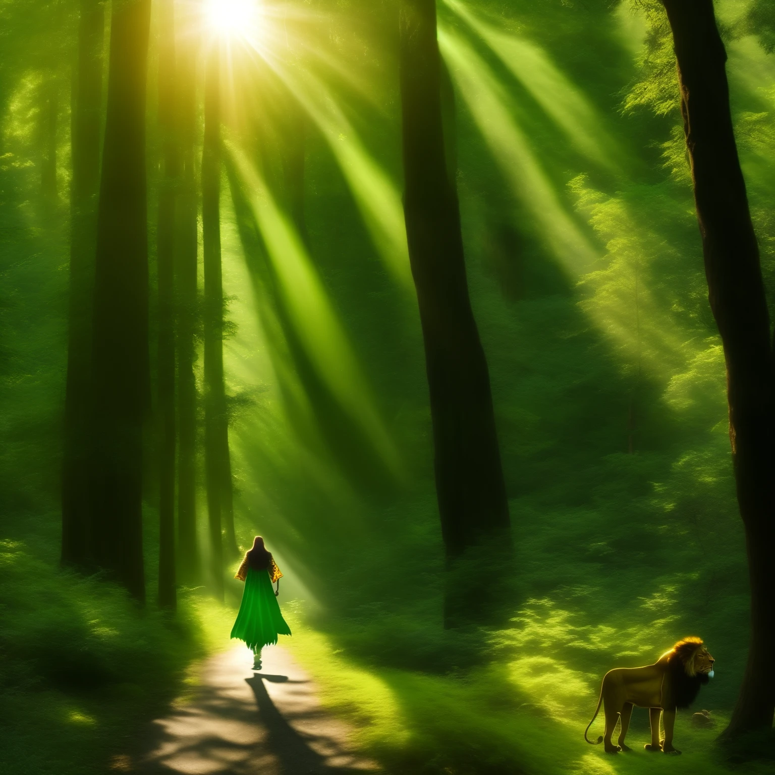 Walking in the forest、Suddenly I see a majestic figure approaching. she has huge wings that shine in the sunlight, And a lion's head with eyes that seem to pierce her soul. she is wearing a green tunic, decorated with golden details ...