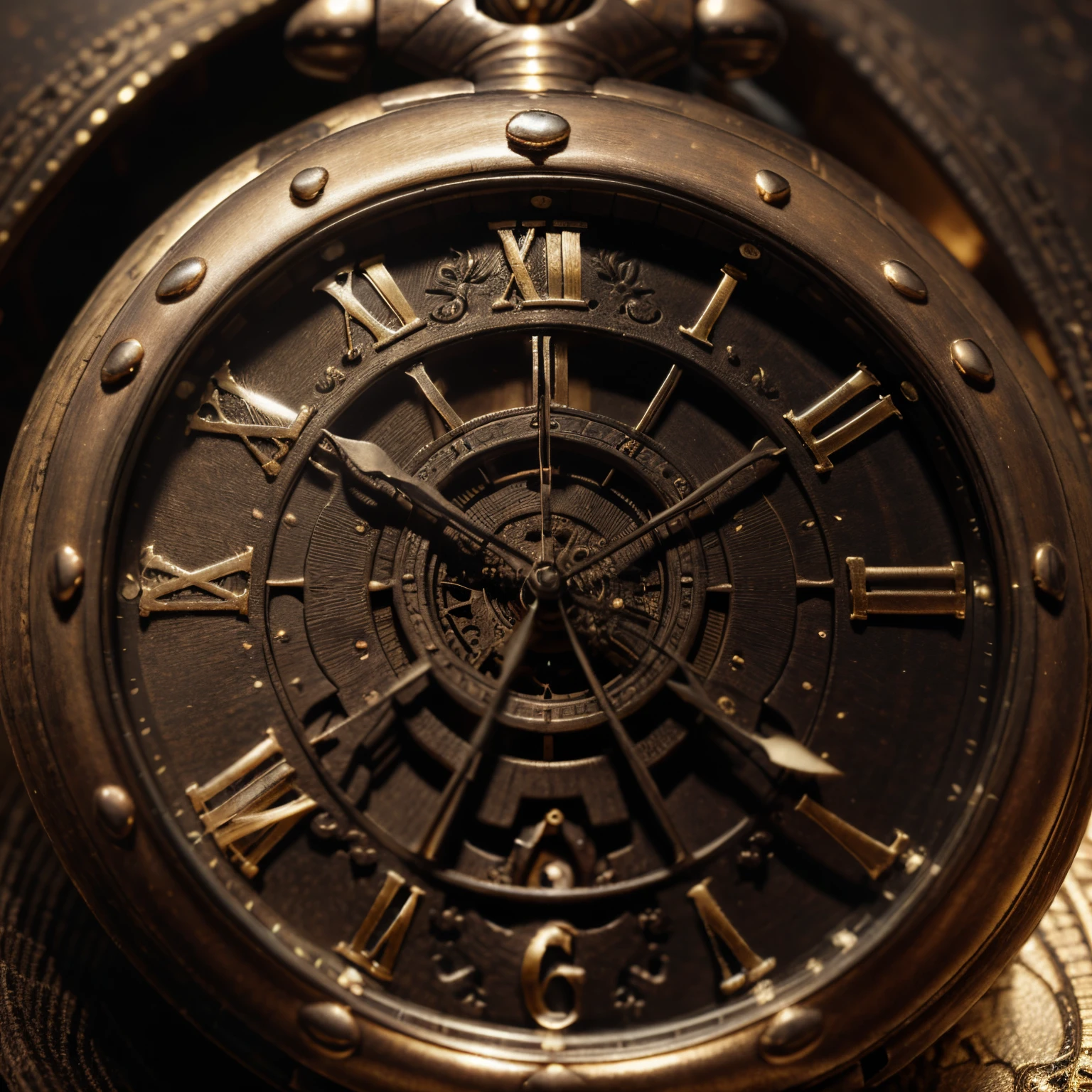 Antique pocket watch decorated with a side-facing human skull, (best quality, highres, photorealistic), intricate pocket watch design, aged and worn texture, detailed engraving, delicate hour and minute hands, vintage floral patterns, horror-themed, dark color palette, eerie lighting. Steampunk