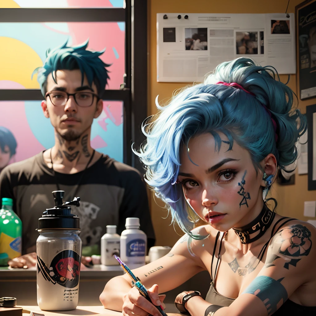 cartoon tattoo shop, girl with blue hair tattooing in the background,ultra hd --auto --s2