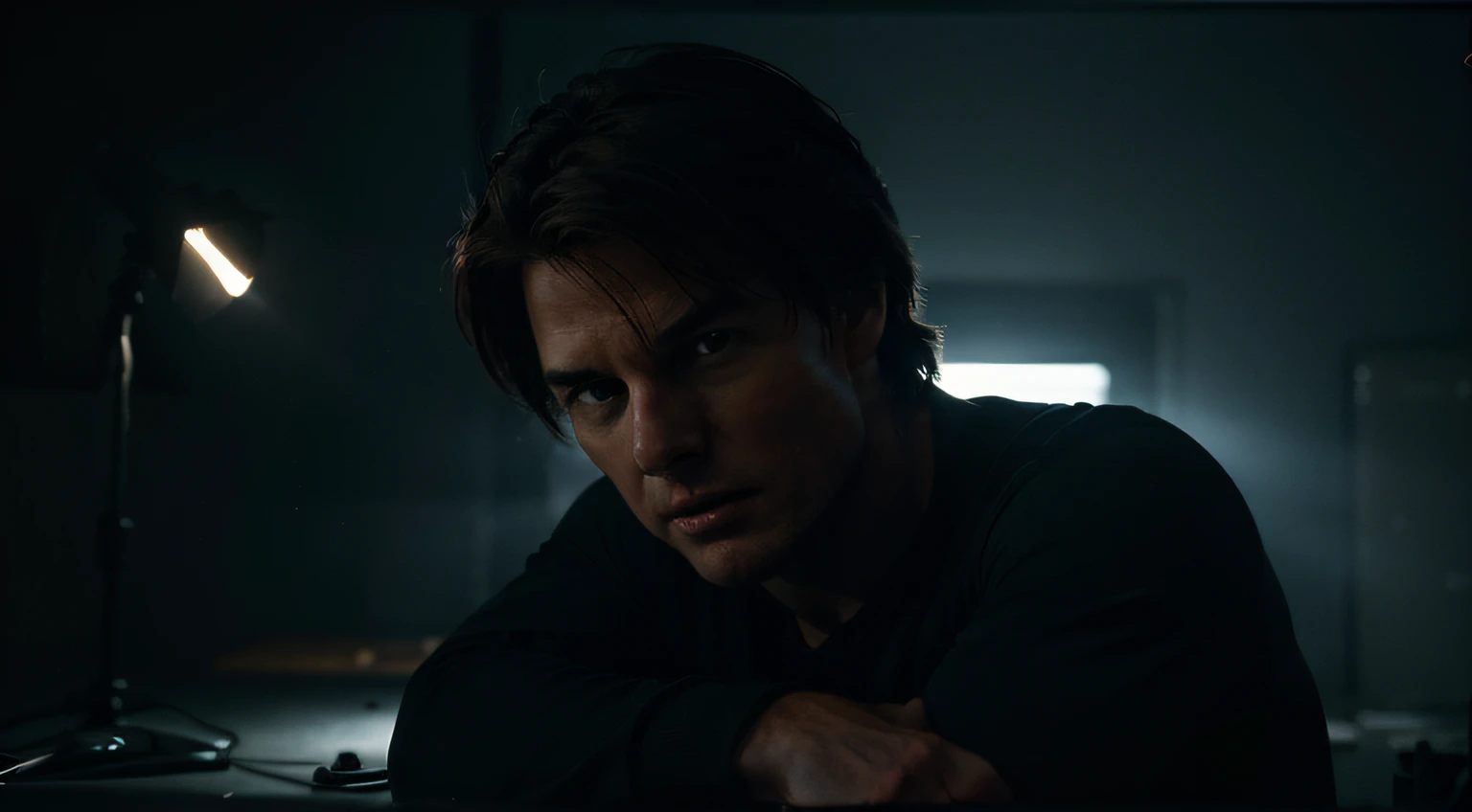 Portrait of an award-winning photo of Tom Cruise posing in a dark studio, (Rim lighting,: 1.4) dual-tone lighting, foco nítido, Blue-oil hue,