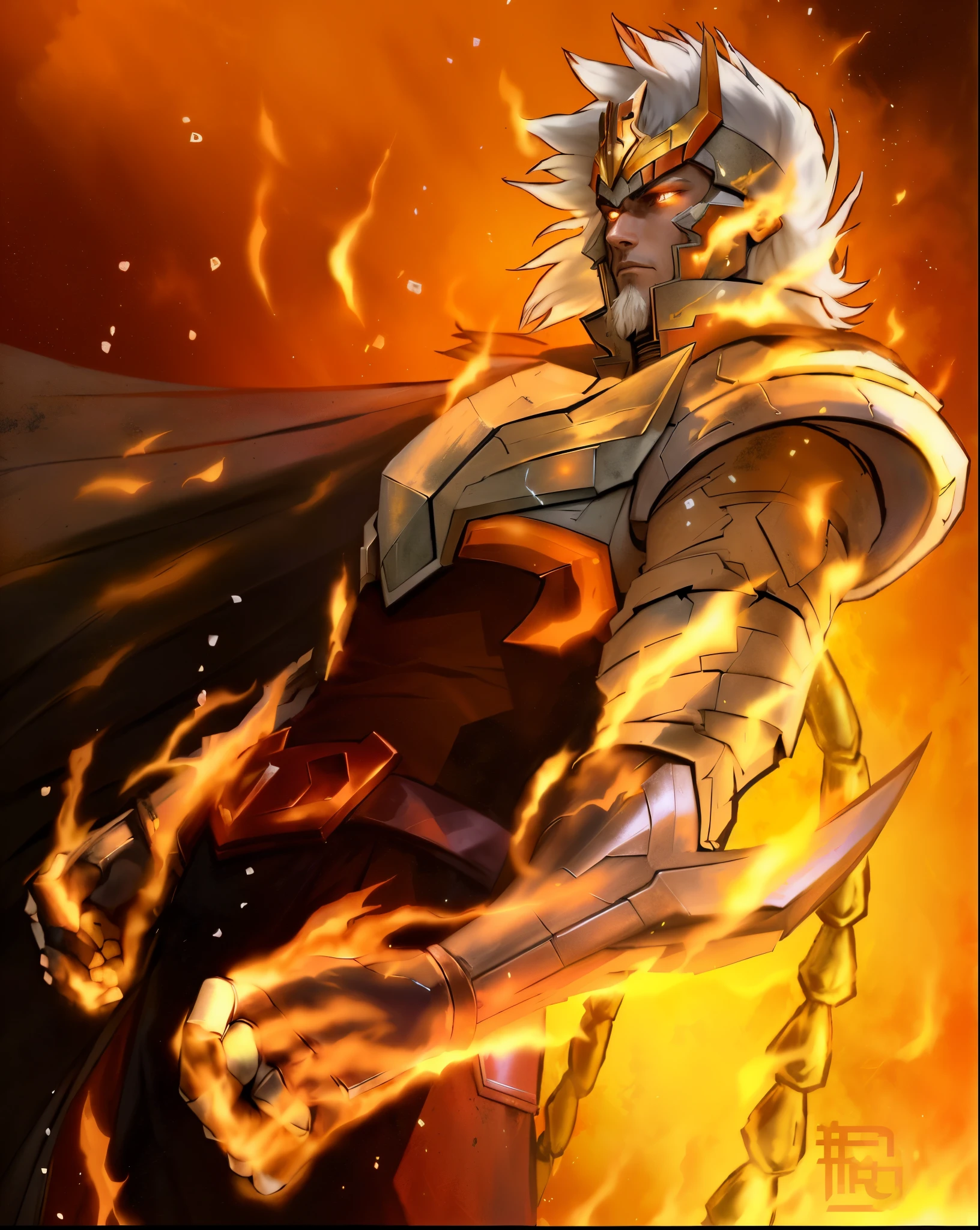 A closeup of a person with a fire in his hand, an epic anime of a energy man, phoenix warrior, flame conjuring armored, Furioso sant seiya(Ikki of Phoenix), Infero Flamejante, fire!! corpo inteiro, imagem do avatar, Senhor de Cinder, Egyptian god of the phoenix, Human fusion and fire , fire behind him, o deus do caos
