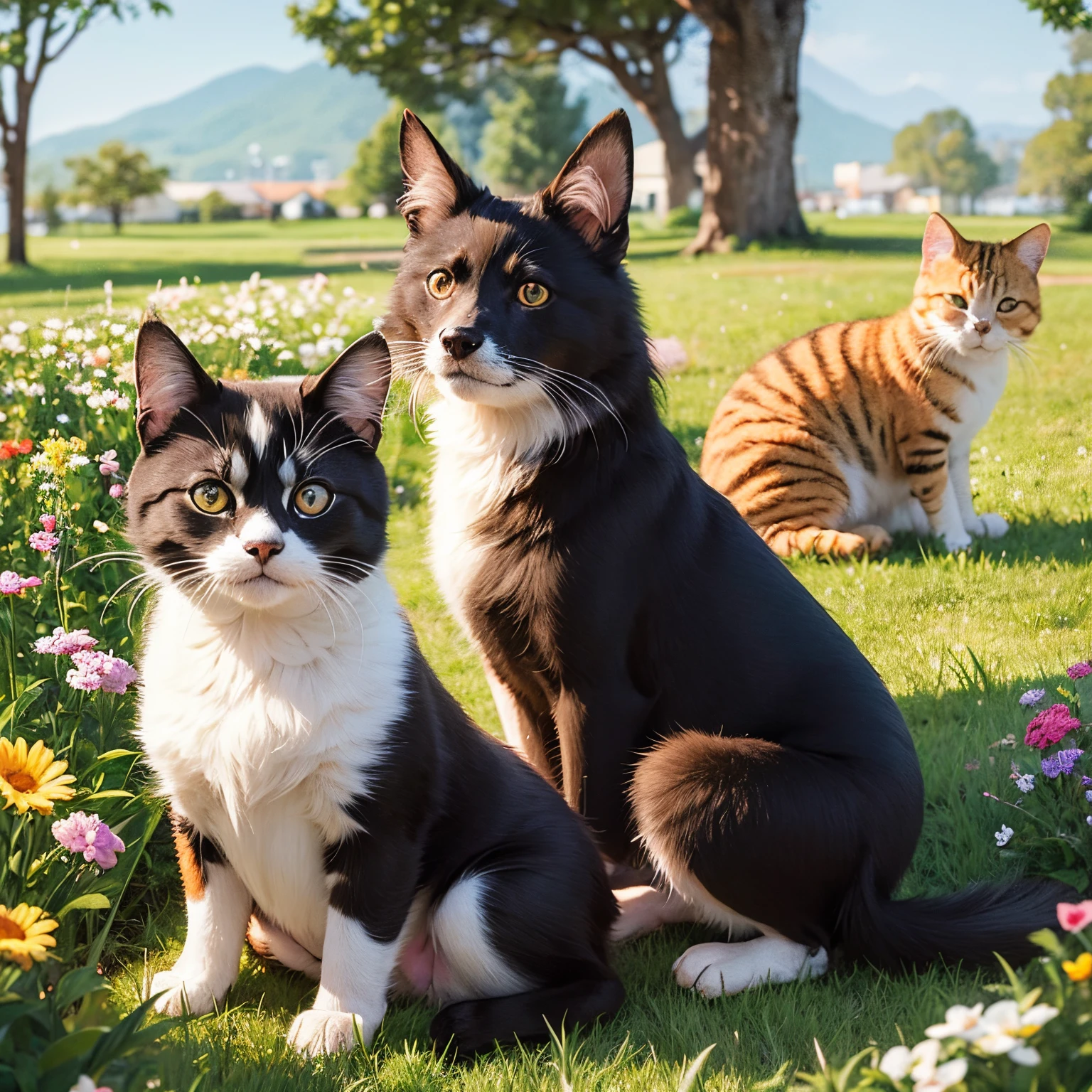 dog and cat love、Cute depictions、𝓡𝓸𝓶𝓪𝓷𝓽𝓲𝓬、Best Quality、Accurate composition、4K