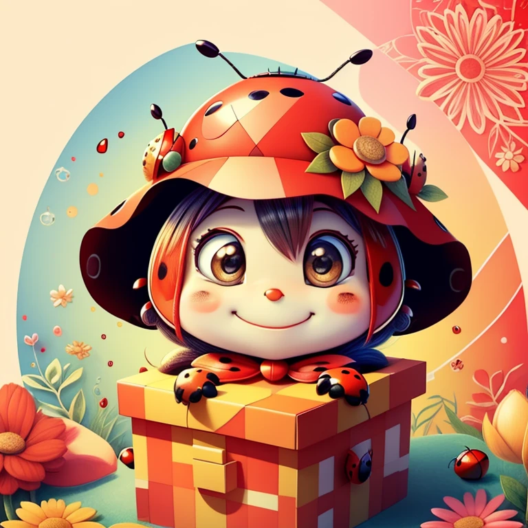 (cute red ladybug smiling with a flowers hat in a beautiful box), Munchkin ,Geometric multidimensional wall portrait, livro de arte, Tchibi,
Yang08k, Beautiful, Colouring,
Obras, of the highest quality, best quality, Arte Oficial, Beautiful and Aesthetic,