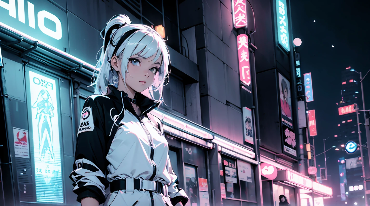 obra prima,  4K Ultra HD, foco nítido, realista, uma garota no estilo Gura Gawr de Hololive, but with the following characteristics: Athletic girl, Wearing a stylized black and white jumpsuit, in a Japanese city at night with lots of neon lights, Inspirado no estilo de arte GUWEIZ