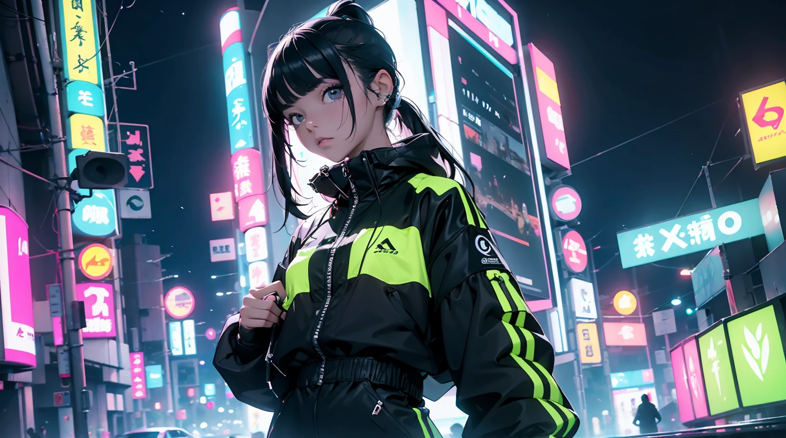 obra prima, 4K Ultra HD, foco nítido, realista, uma garota no estilo Gura Gawr de Hololive, but with the following characteristics: Athletic girl, Wearing a stylized black and white jumpsuit, in a Japanese city at night with lots of neon lights, Inspirado no estilo de arte GUWEIZ