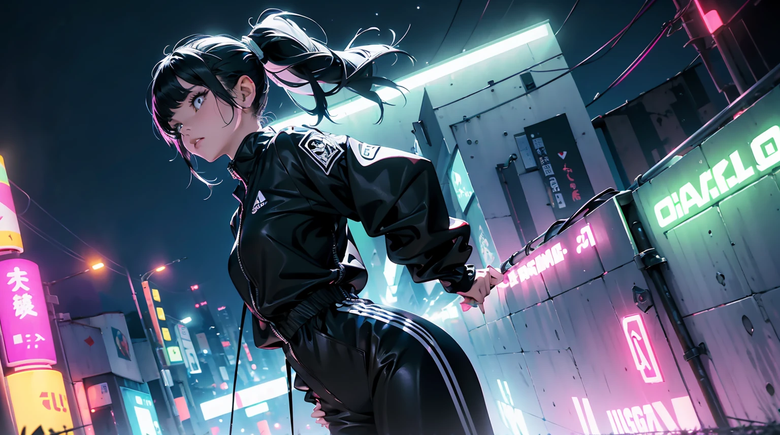 obra prima, 4K Ultra HD, foco nítido, realista, uma garota no estilo Gura Gawr de Hololive, but with the following characteristics: Athletic girl, Wearing a stylized black and white jumpsuit, in a Japanese city at night with lots of neon lights, Inspirado no estilo de arte GUWEIZ