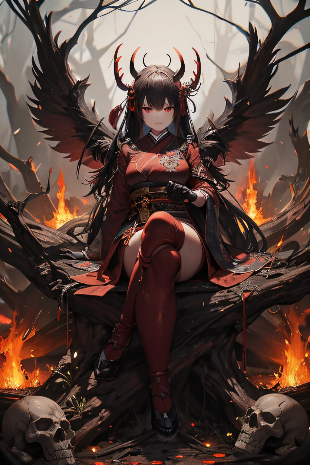 Japanese daemon woman sitting atop a pile of skulls in a japanese forest, dark, gritty, evil, flames