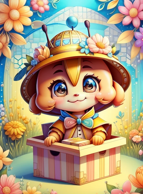 (cute honey bee smiling with a flowers hat in a beautiful box), Munchkin  ,Geometric multidimensional wall portrait, livro de arte, Tchibi,
Yang08k, Beautiful, Colouring,
Obras, of the highest quality, best quality, Arte Oficial, Beautiful and Aesthetic,