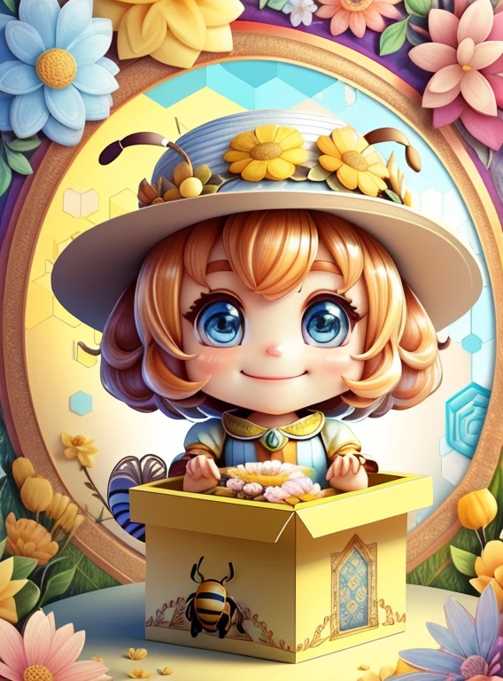 (cute honey bee smiling with a flowers hat in a beautiful box), Munchkin ,Geometric multidimensional wall portrait, livro de arte, Tchibi,
Yang08k, Beautiful, Colouring,
Obras, of the highest quality, best quality, Arte Oficial, Beautiful and Aesthetic,