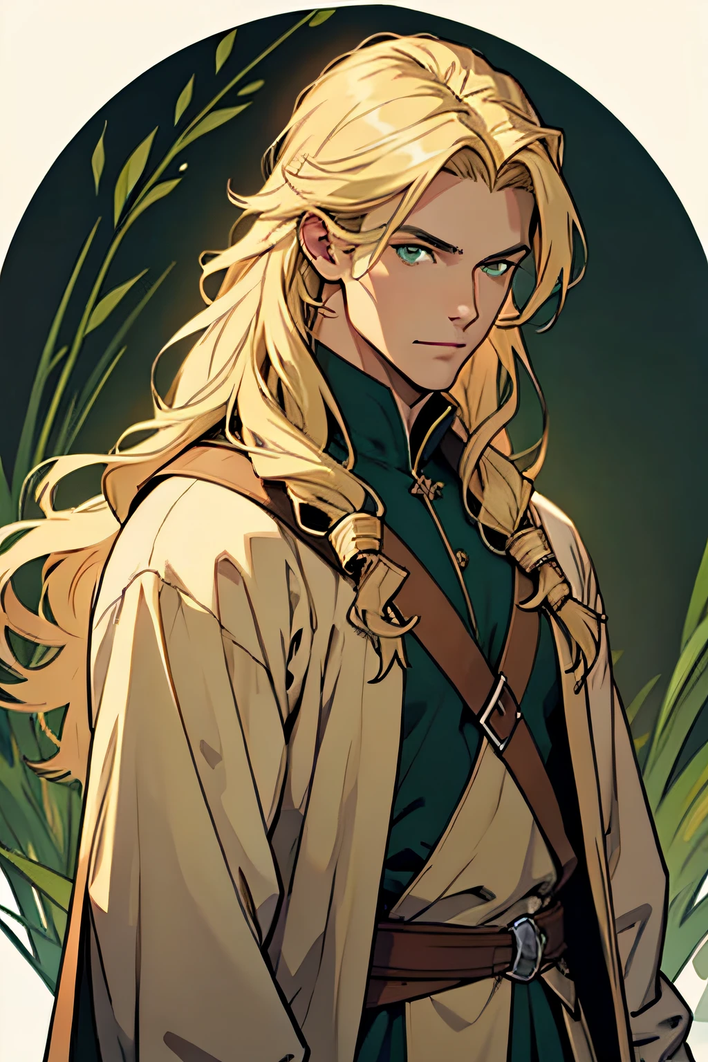 handsome masculine man, green eyes, ash blond hair, shoulder length long hair, green medieval noble clothes, light skin