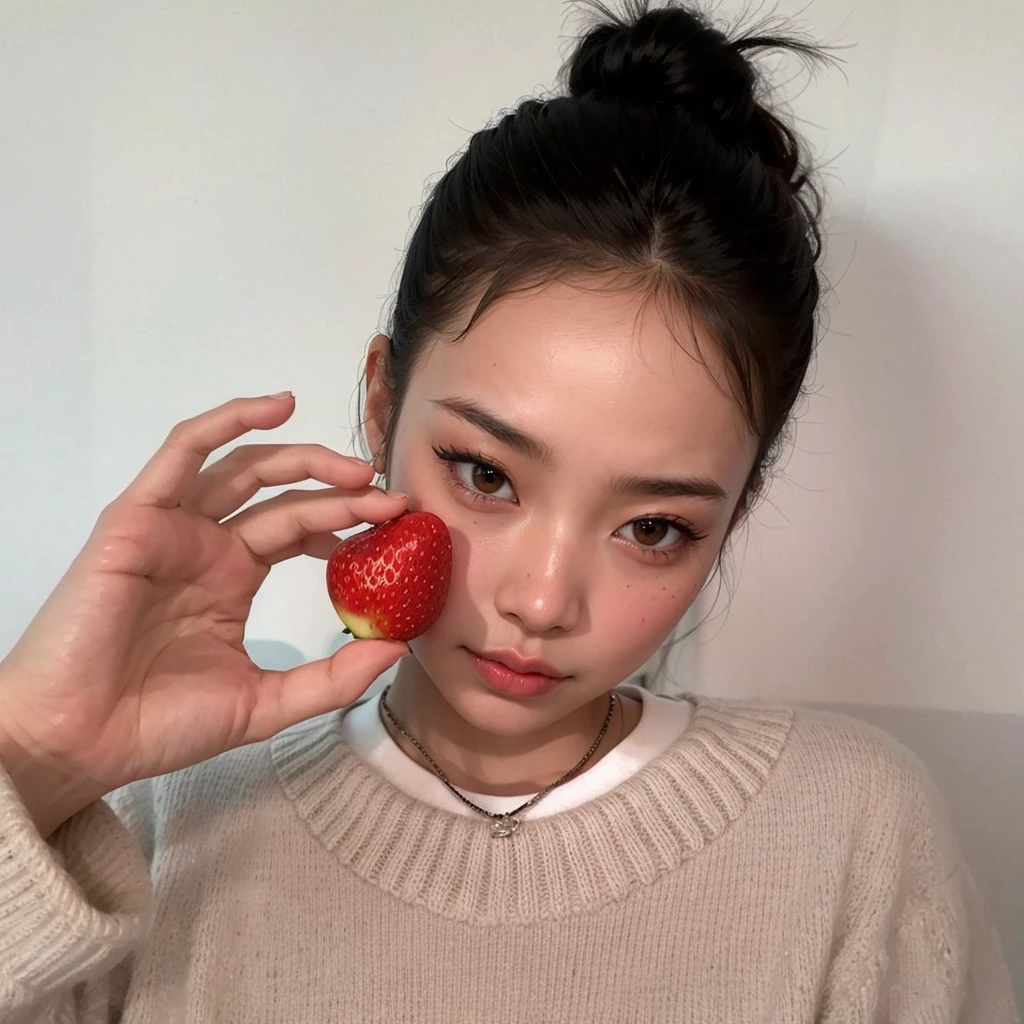 hay una mujer sosteniendo una fresa en la mano, Blackpink Jennie, Jinyoung Shin, sosteniendo una fresa gigante, con Apple, fresa, Xintong Chen, Lulu Chen, Chiho, Yanjun Chengt, Gemma Chen, Gongbi, Wenfei Ye, Sha Xi, ulzzang, Kimi Takemura, Lucha con las fresas