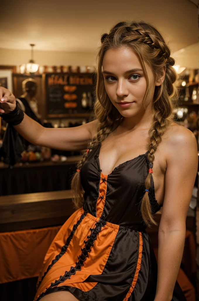 A friendly 27-year-old American PORTRAIT, with short, neatly plaited and braided blonde hair, striking brown eyes, and dressed in a HALLOWEEEN dress, celebrating sexy.photo, Sportscar, woman, racing flag DRACULA