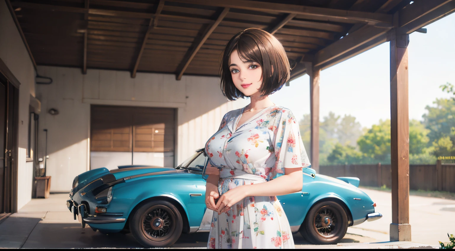 127
(a 20 yo woman,is standing), (A hyper-realistic), (high-level image quality), ((beautiful hairstyle 46)), ((short-hair:1.46)), (Gentle smile), (brest:1.1), (lipsticks), (florals), (Large garage), (Depth of field is deep), (classic car)