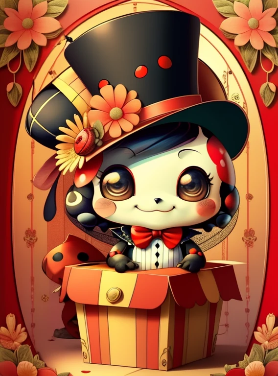 (cute red ladybug smiling with a flowers top hat in a beautiful box), Munchkin ,Geometric multidimensional wall portrait, livro de arte, Tchibi,
Yang08k, Beautiful, Colouring,
Obras, of the highest quality, best quality, Arte Oficial, Beautiful and Aesthetic,