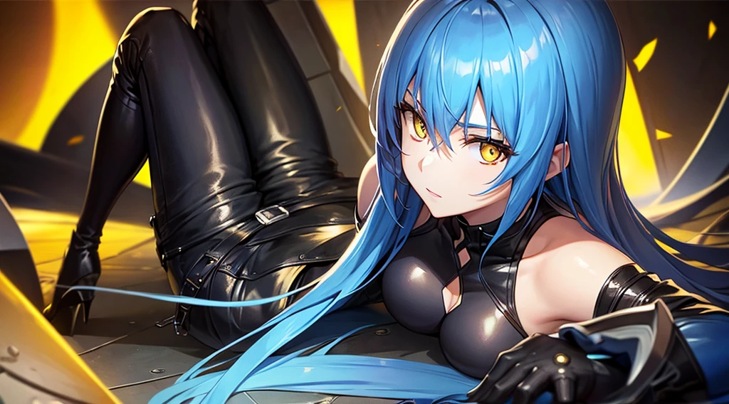 masterpiece, best quality, highres, rimuru tempest, blue hair, long hair, huge breast,huge cleaveage,black armor,armor suit,black bikini,looking at viewer, bedroom, blush, aroused, smile, show teeth,