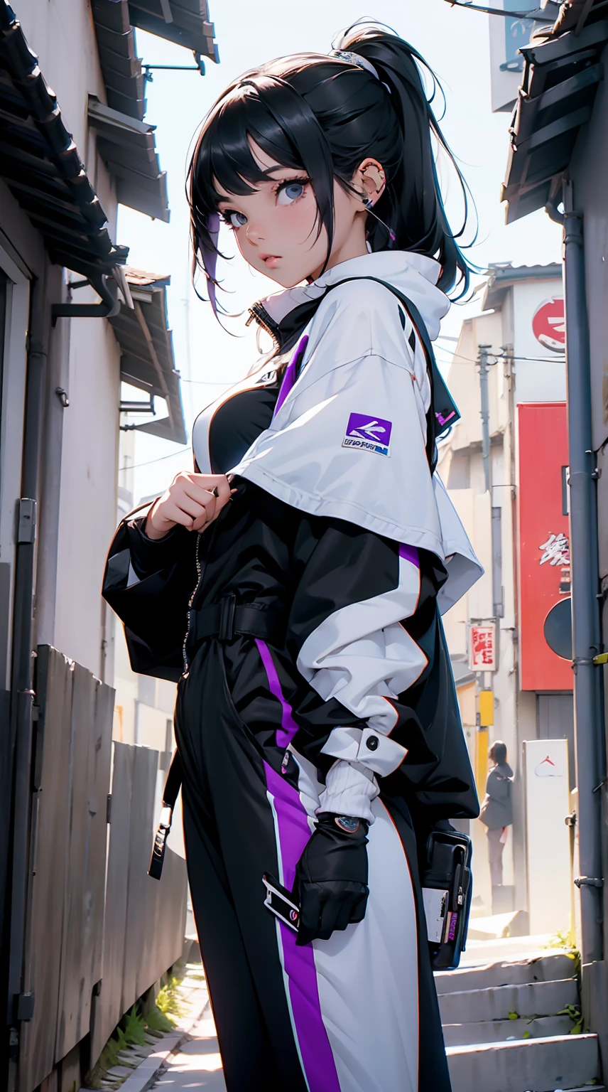 obra prima,  4K Ultra HD, foco nítido, realista, uma garota no estilo Gura Gawr de Hololive, but with the following characteristics: Athletic girl, Wearing a stylized black and white jumpsuit, in a Japanese city at dusk with a sky colored to purple with some stars, Inspirado no estilo de arte GUWEIZ
