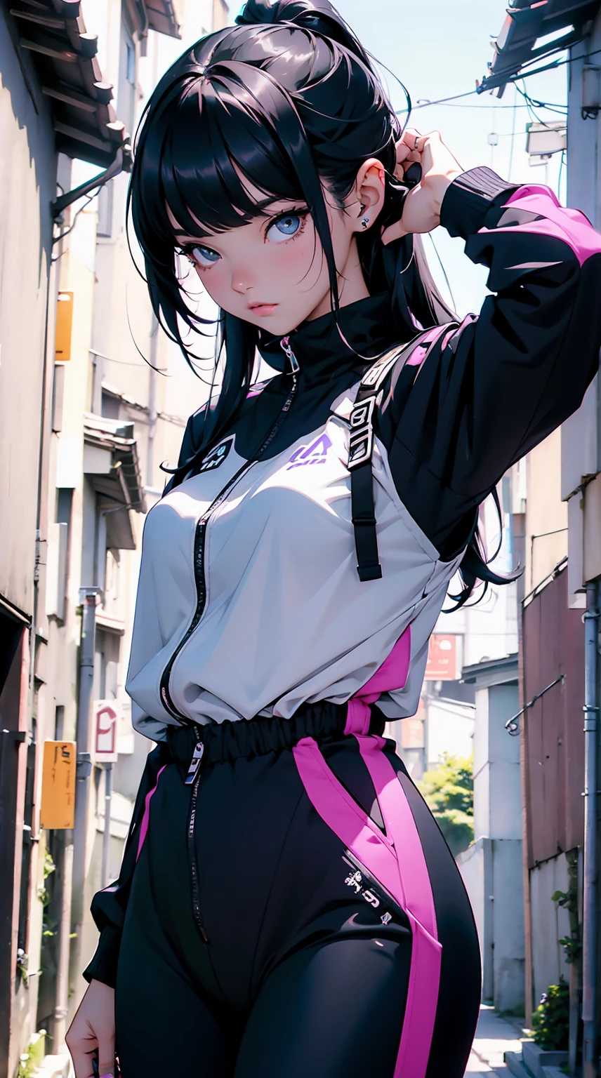 ((Masterpiece)), best quality, absurderes, ultra detailed, holographic, cowboy shot, golden ratio, super cute girl, mature girl, idol girl, super beautiful asian girl with very beautiful violet glowing eyes, beautiful glowing brown multicolored hair, high ponytail, nice and sexy body, slim body, perfect body, wearing a super tight anime printed leotard, an anime printed super tight off shoulder long sleeve crop top, a super aesthetic transparent mini jacket, beautiful hair ornament, pink jordan tennis, being photographed in a mall shop, with her handsome skinny boyfriend, with black messy semi-long glowing hair and anime casual clothing