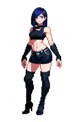(masterpiece, top quality, best quality), pixel, pixel art,1girl,full body, high detail, long dark blue hair, black shorts, black crop top, thigh high boots
