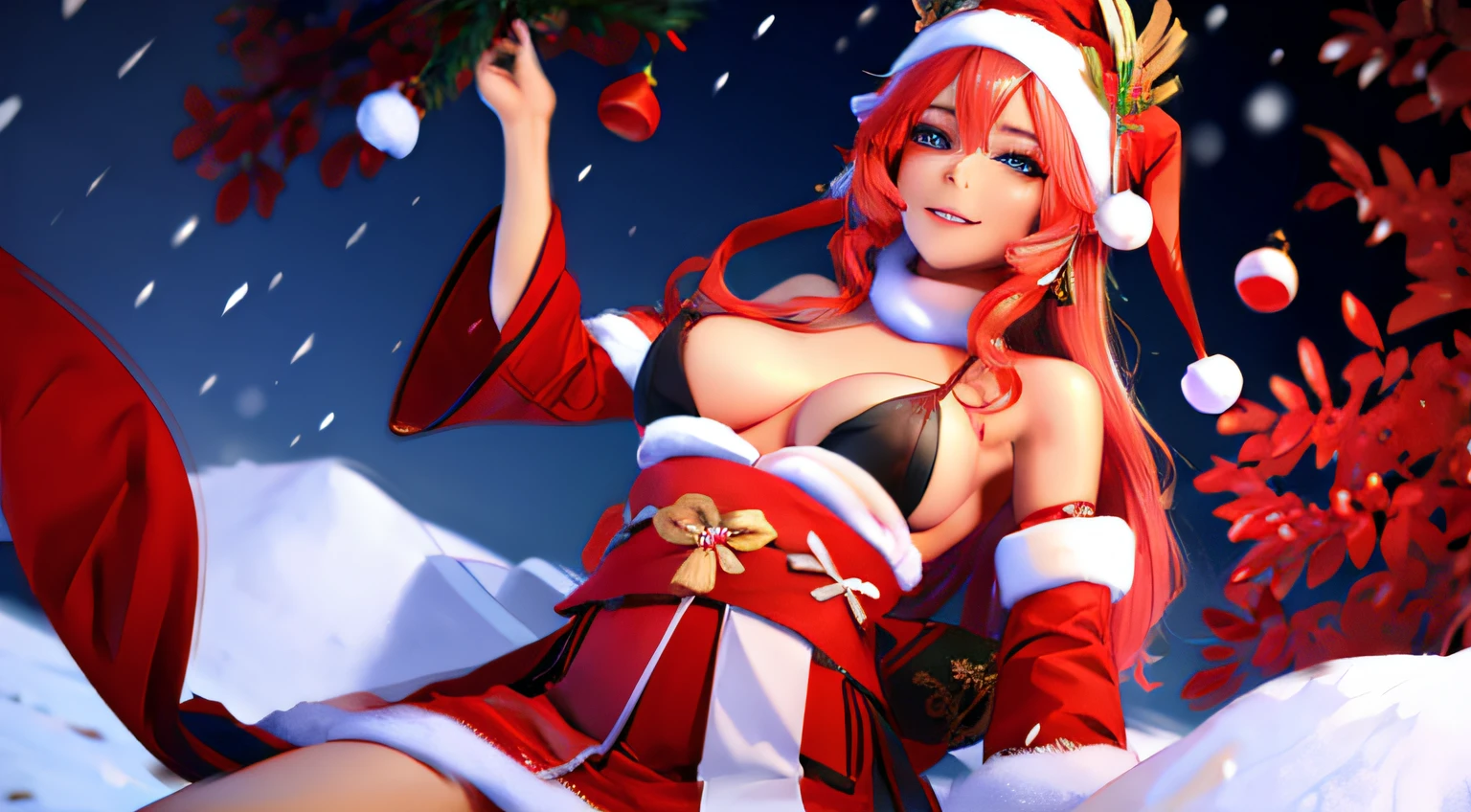 Yae Miko Genshin in Snow Maiden clothes New Year Christmas half naked naked visible nipples breasts art 3D realistic high quality